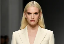 Alex Consani standing tall in designer fashion