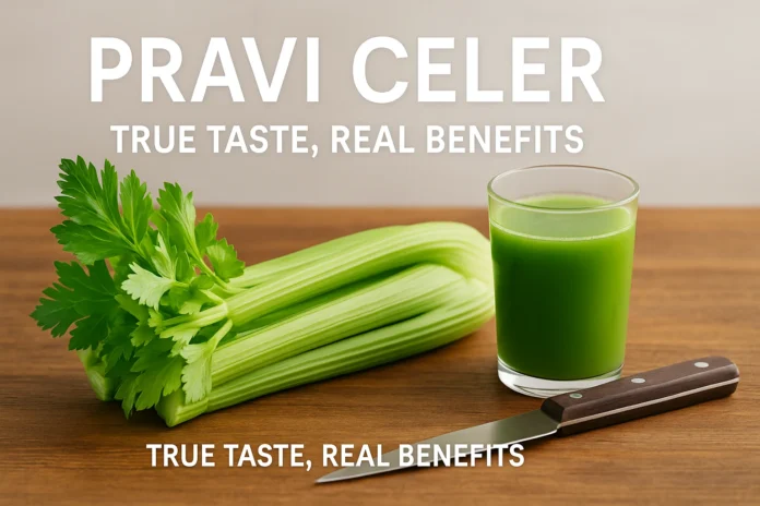 Fresh pravi celer with celery juice on table