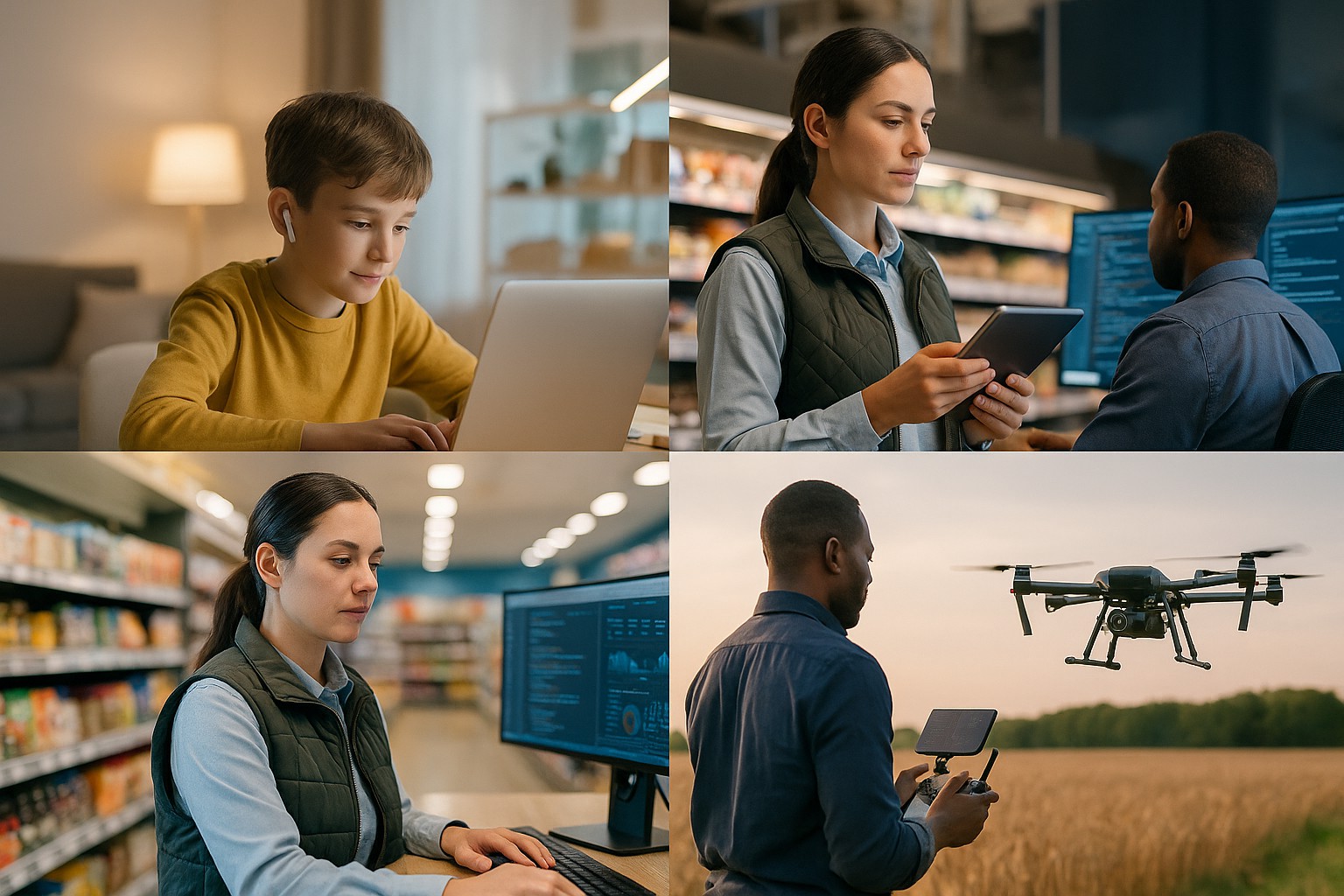 A digital collage of smart homes, robotics, AI assistants, and futuristic classrooms in action