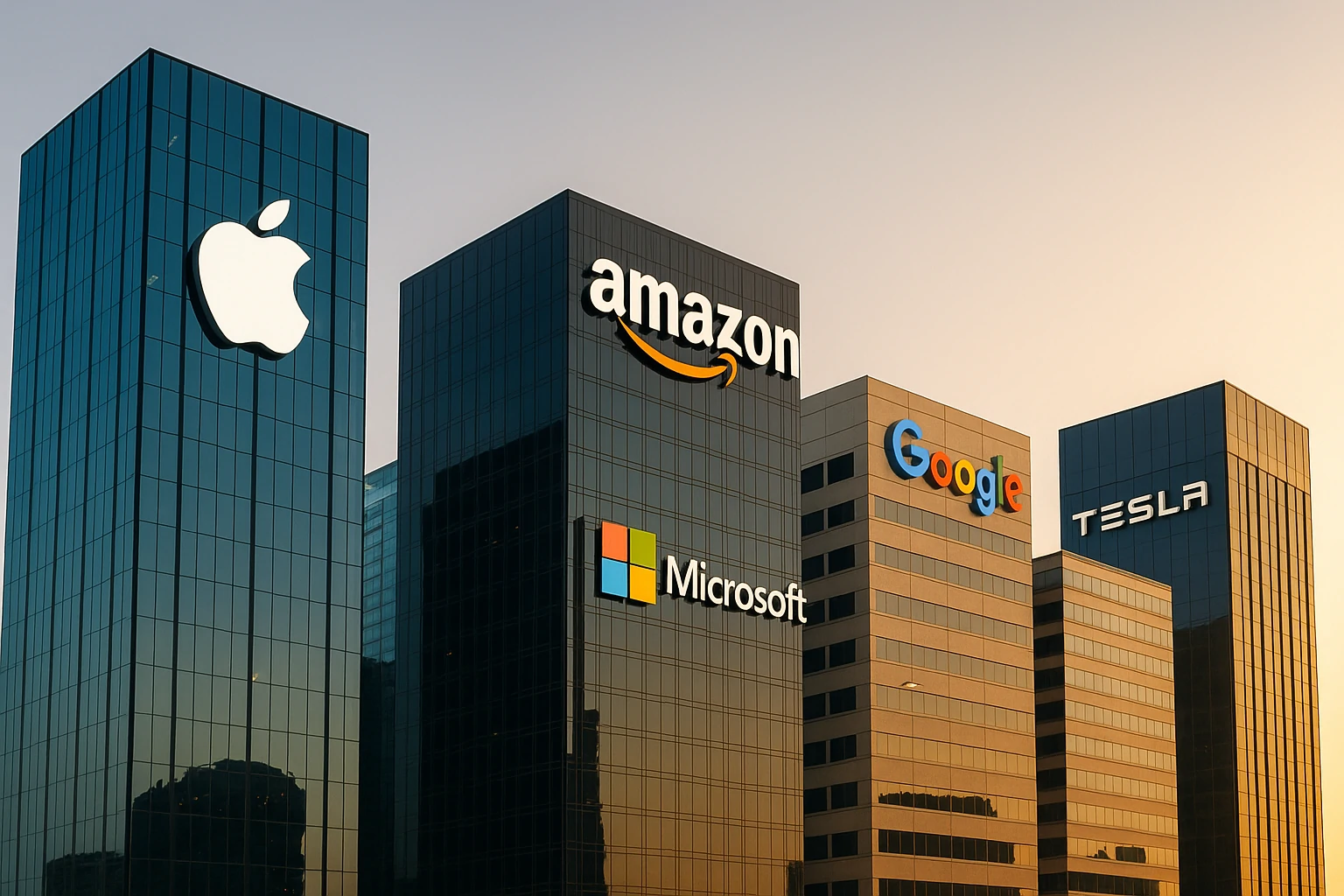 n office campus with logos of major tech firms, advanced infrastructure, and collaborative spaces.