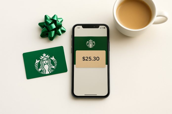 Starbucks card with app balance on screen and coffee setup. Starbucks Gift Card Balance Check Avoid Mistakes with This Expert Guide