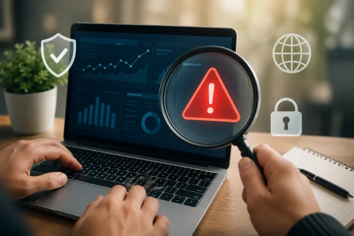 Petir108win.online trust check concept showing online safety analysis and risk detection on laptop